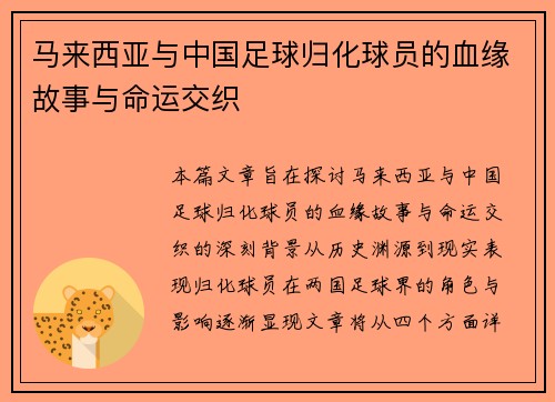 马来西亚与中国足球归化球员的血缘故事与命运交织