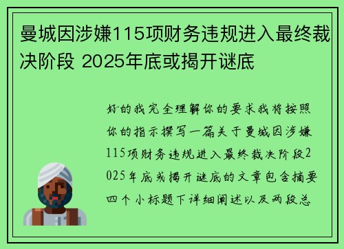 曼城因涉嫌115项财务违规进入最终裁决阶段 2025年底或揭开谜底